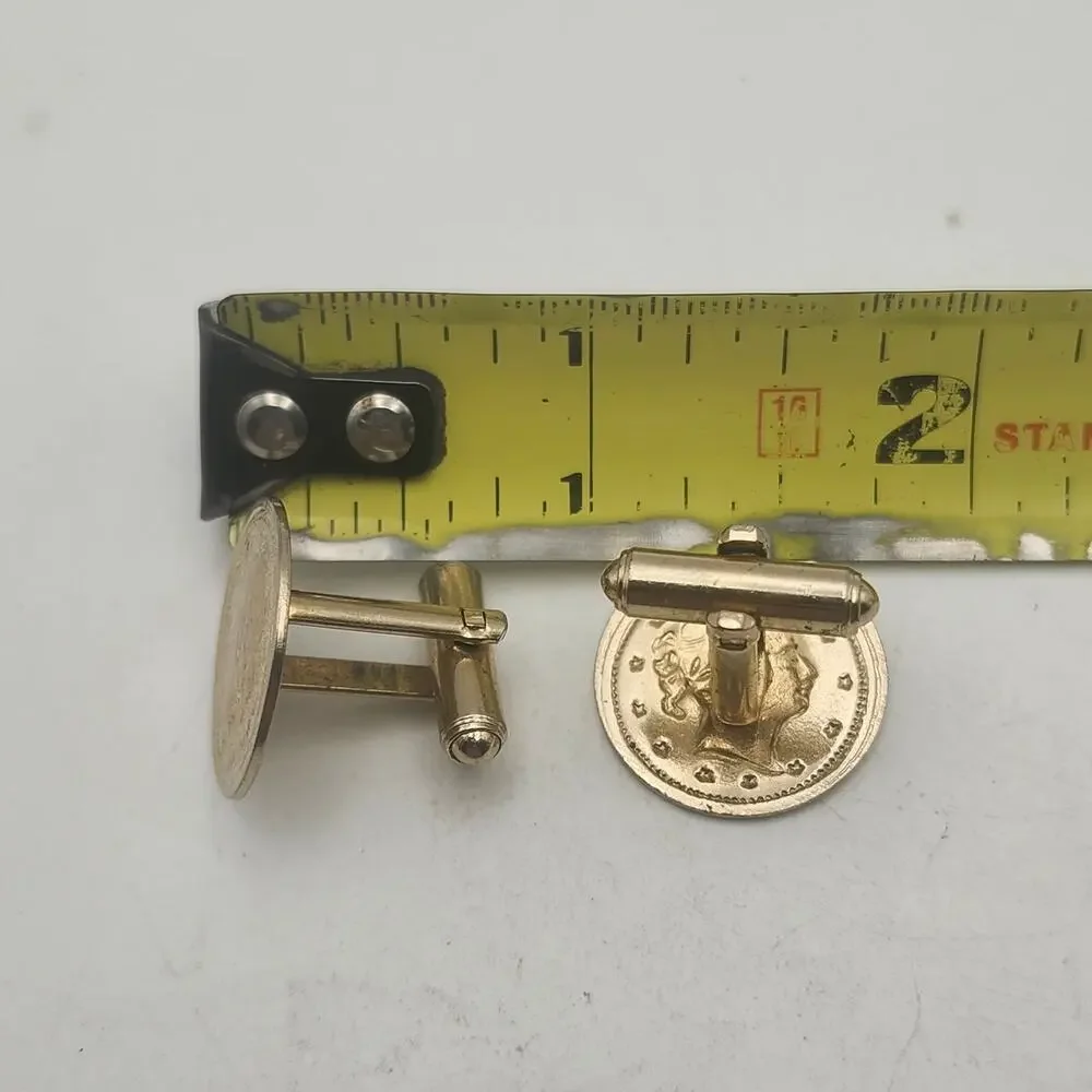 Vintage Coin Cufflinks Gold Tone Liberty Head Round Mens Formal Jewelry Set Pair